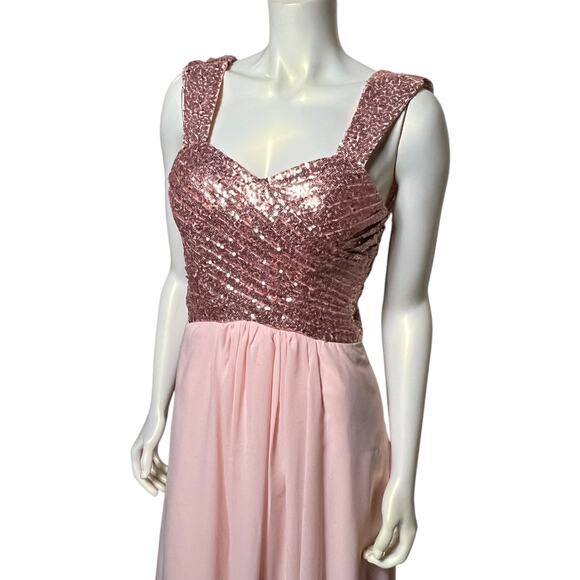 Rose Gold Sequin Prom Dress Pink Chiffon Maxi Evening Gown Size 6 Open Back - Picture 2 of 10